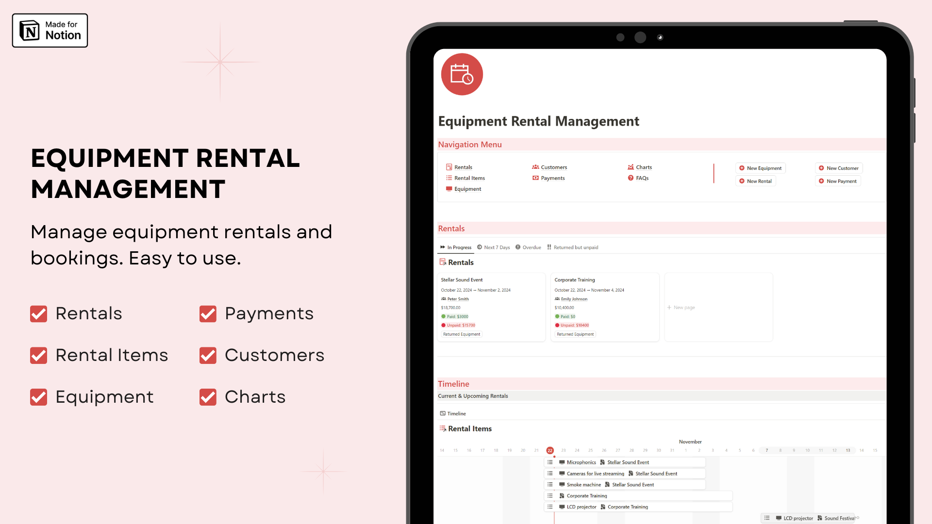 Equipment Rental Management Notion template