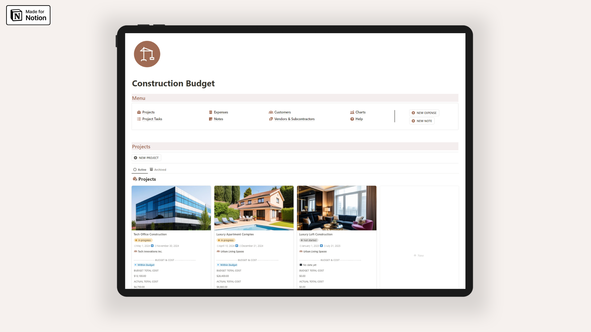 Construction Project Budget and Cost Tracking Notion template