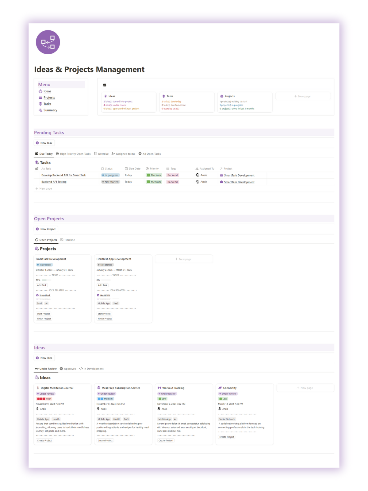 Ideas and Project management Notion template