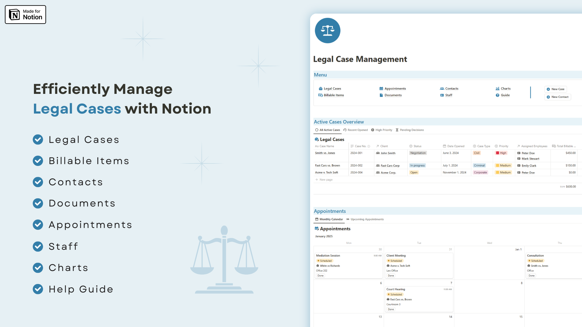 Legal Case Management and Billing Items Tracking Notion template