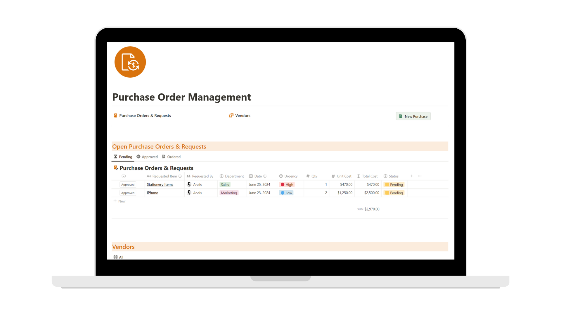 Purchase Orders & Requests Management Notion template