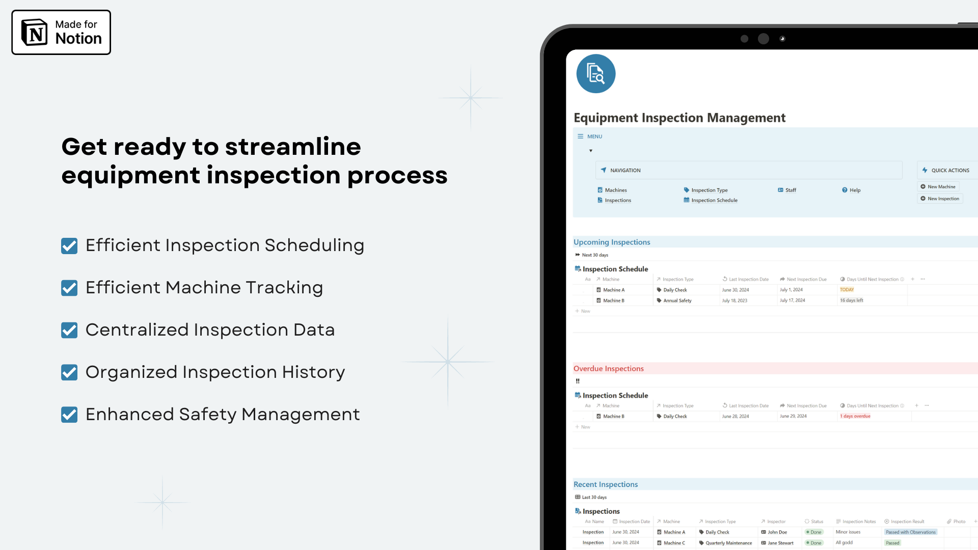 Equipment Inspection Management Notion template