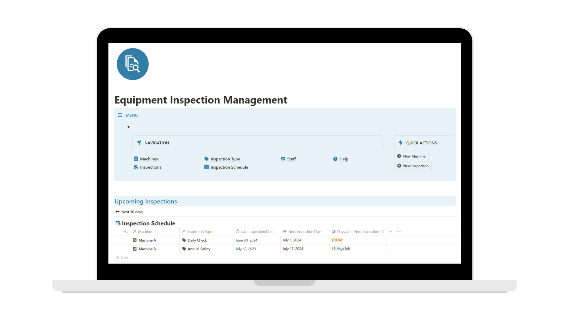 Equipment Inspection Management Notion template