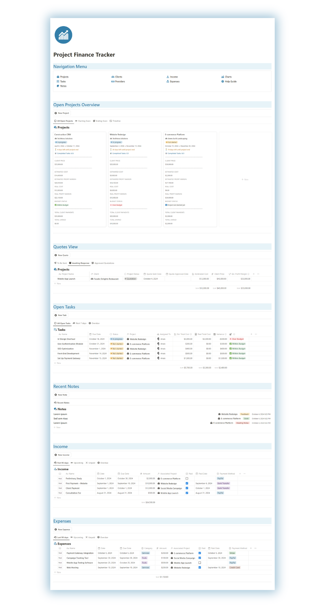 Project Finance Tracker Notion template