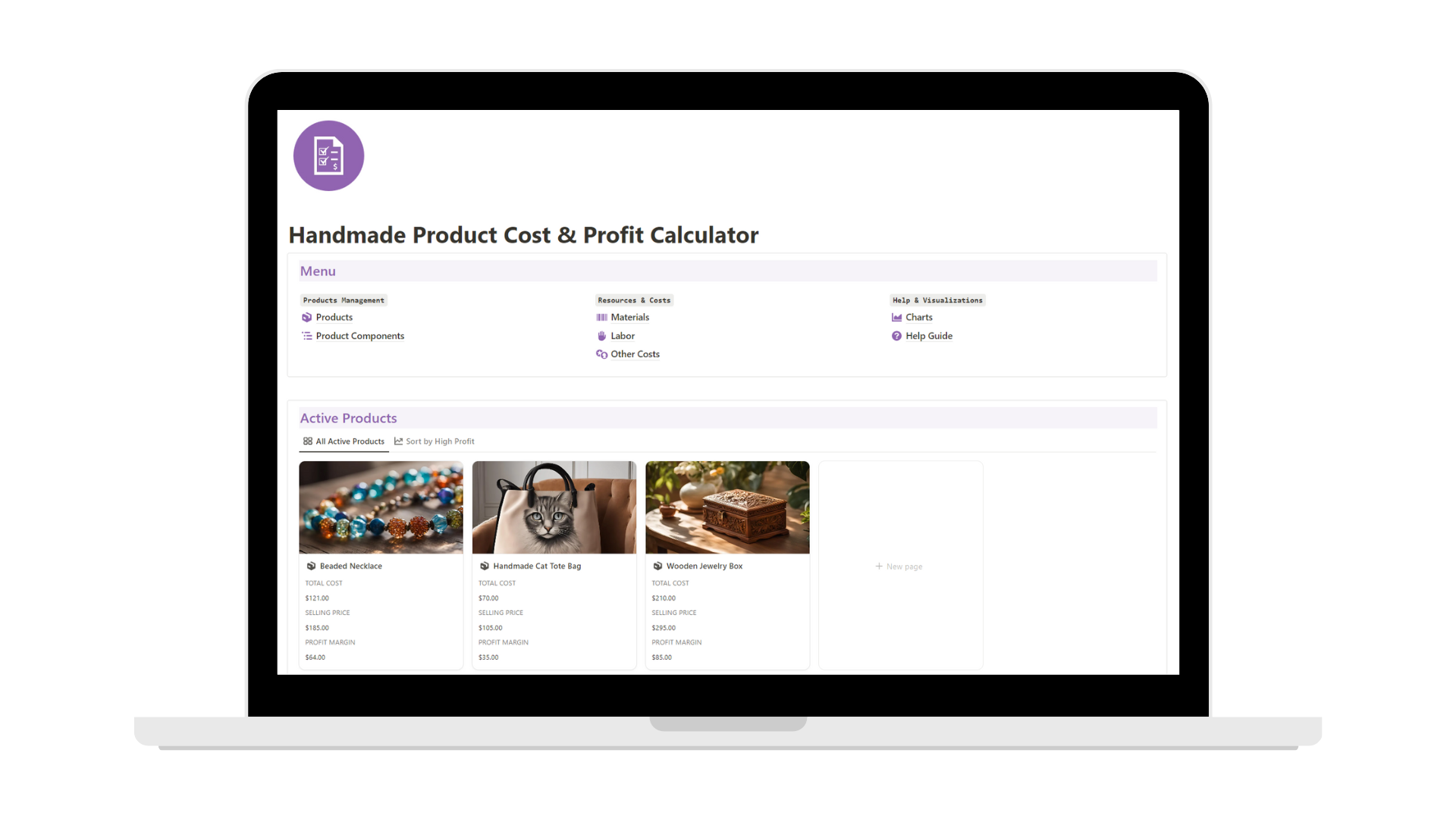 Handmade Product Cost & Profit Calculator (Notion template)