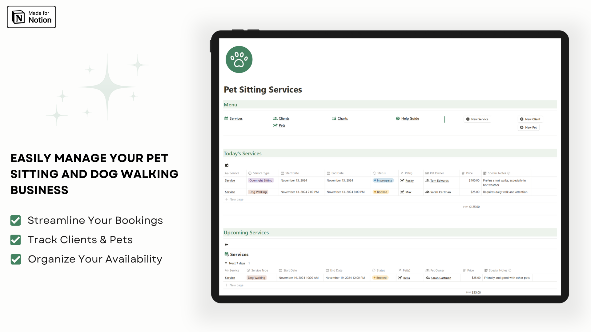 Pet Sitting Services Notion template
