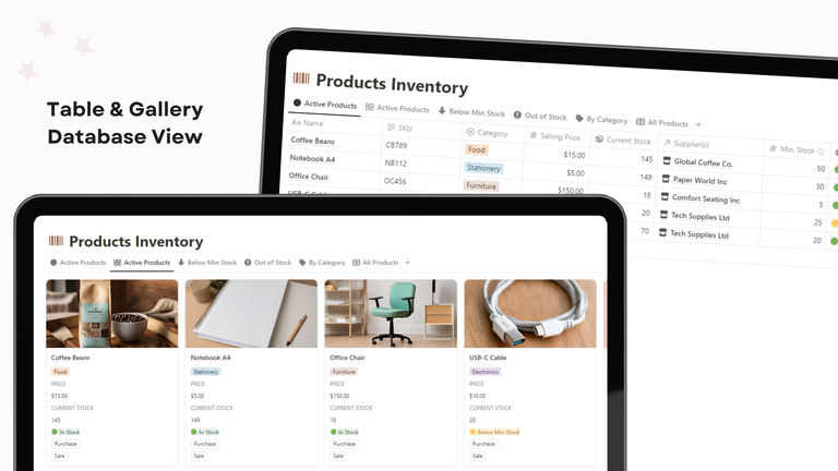 Products Inventory Gallery and Table views