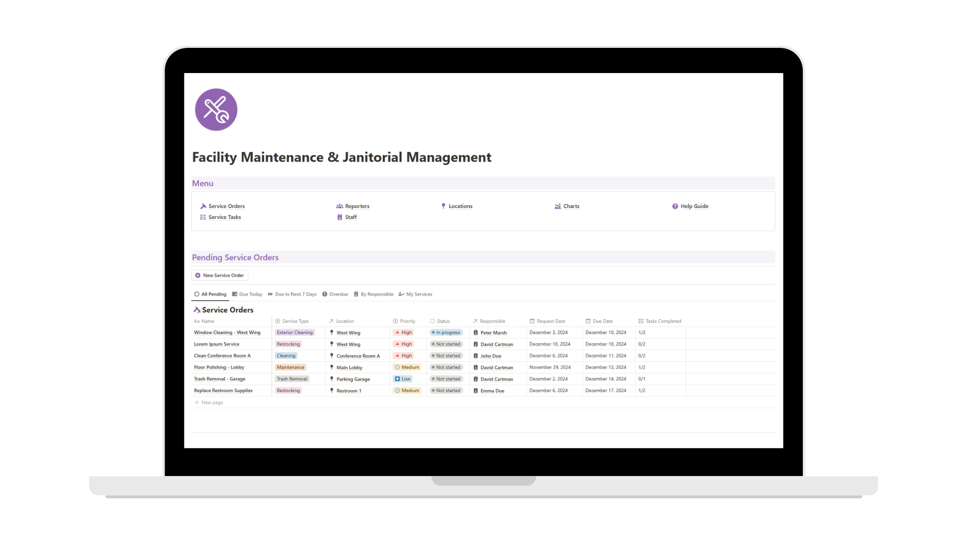 Facility Maintenance & Janitorial Management Notion template