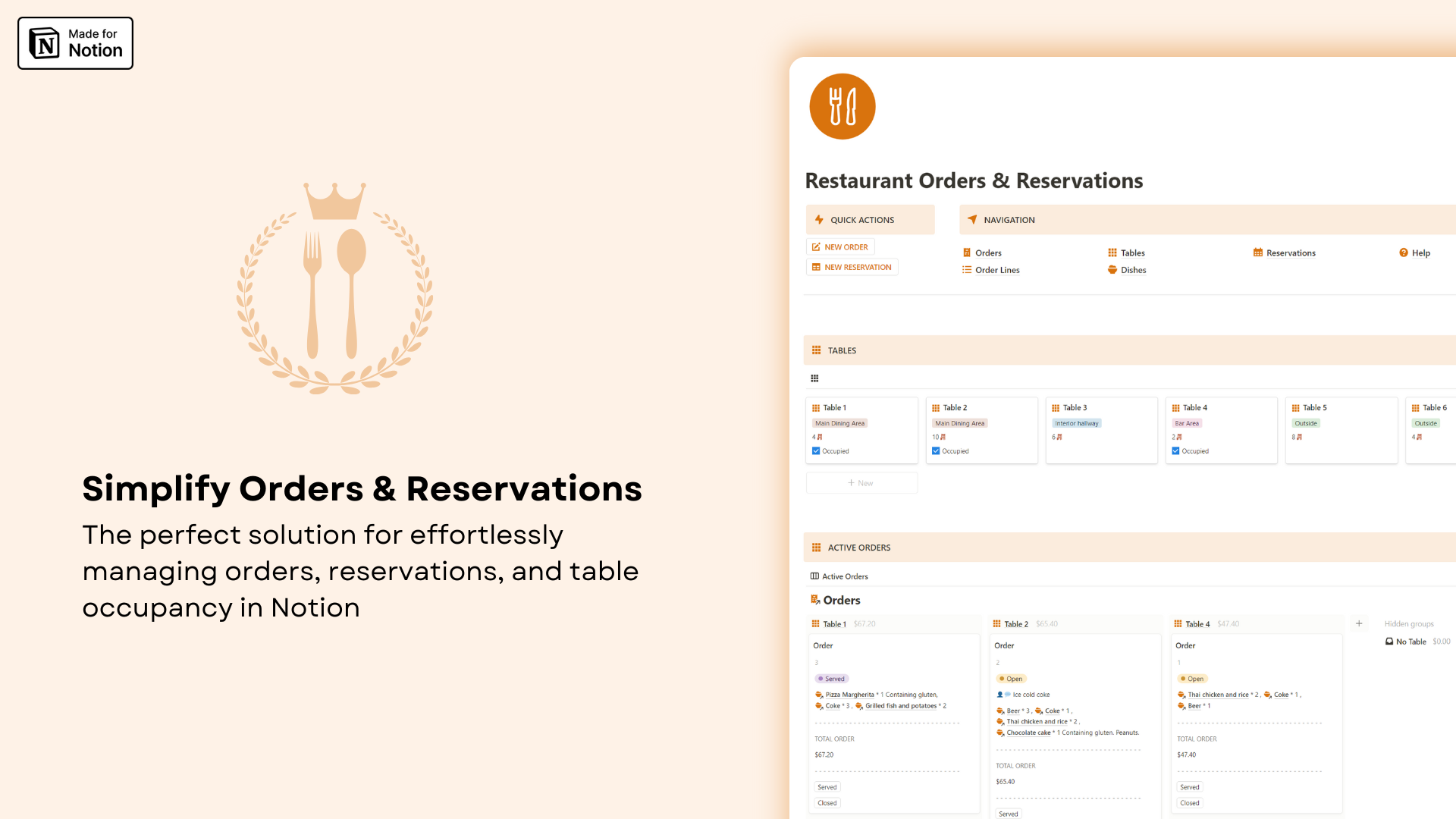 Restaurant Orders and Reservations Notion template