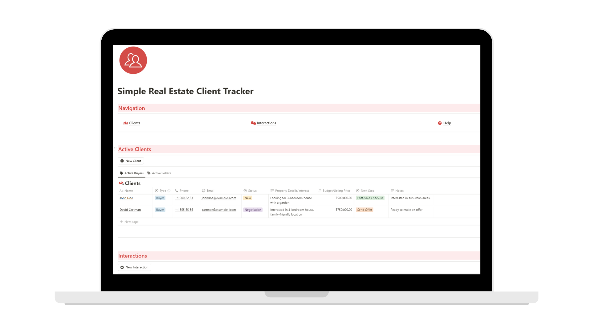 Simple Real Estate Client Tracker Notion template