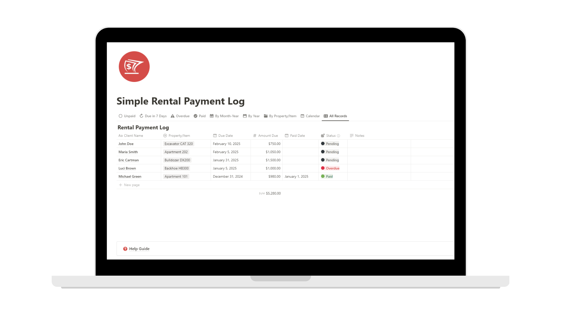 Simple Rental Payment Log Notion template