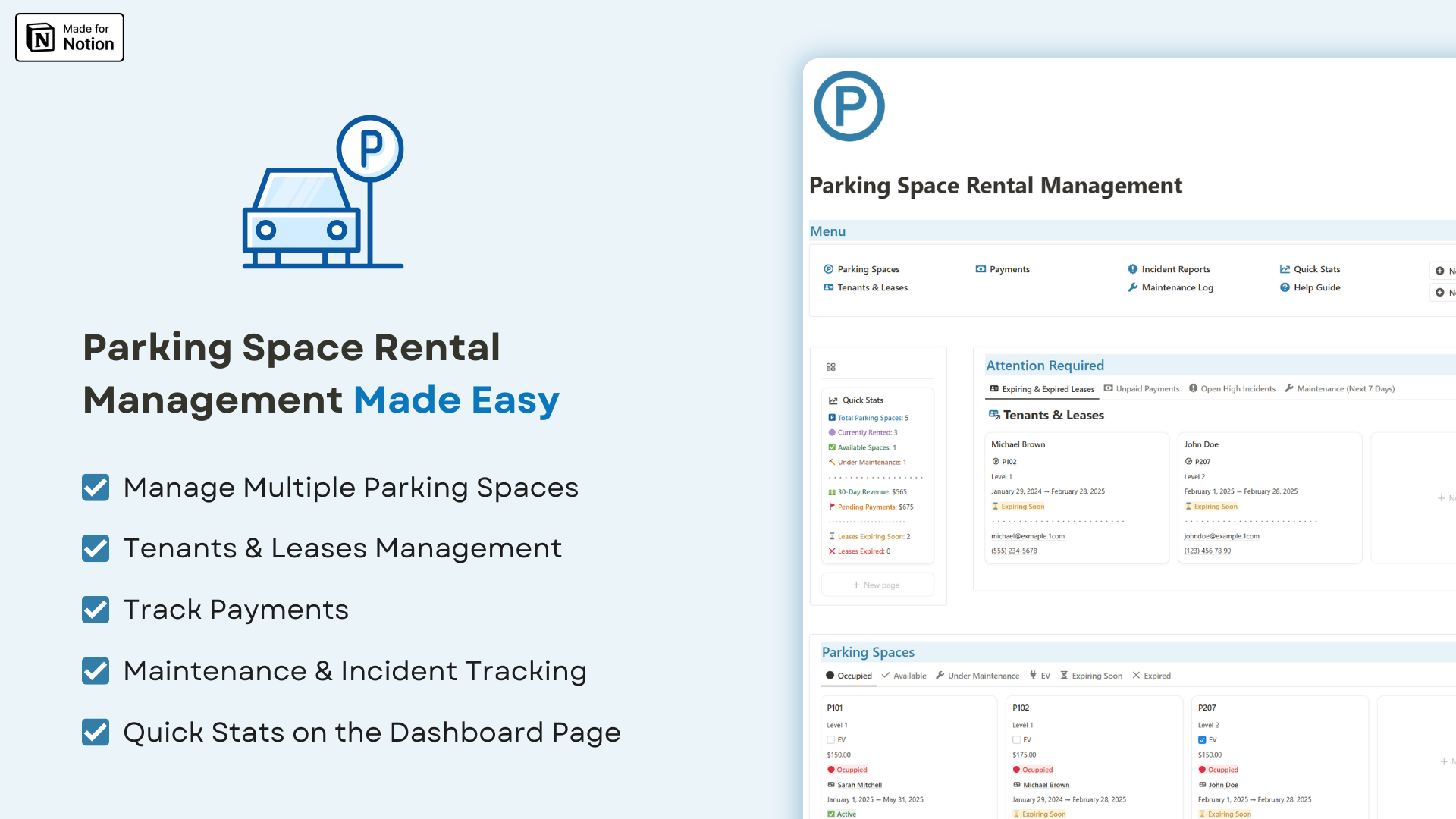 Parking Space Rental Management - Notion template