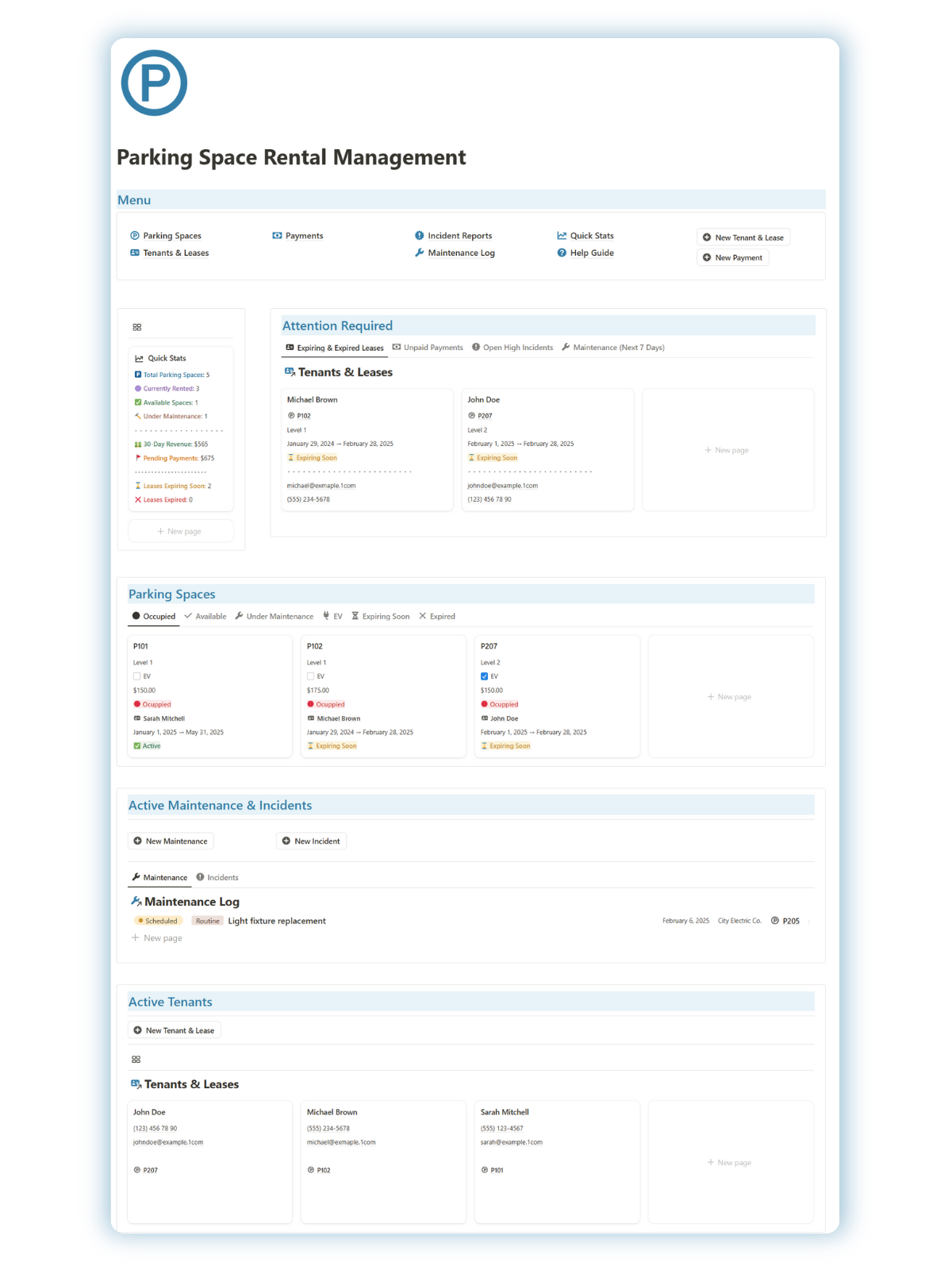 Parking Space Rental MAnagement Notion template