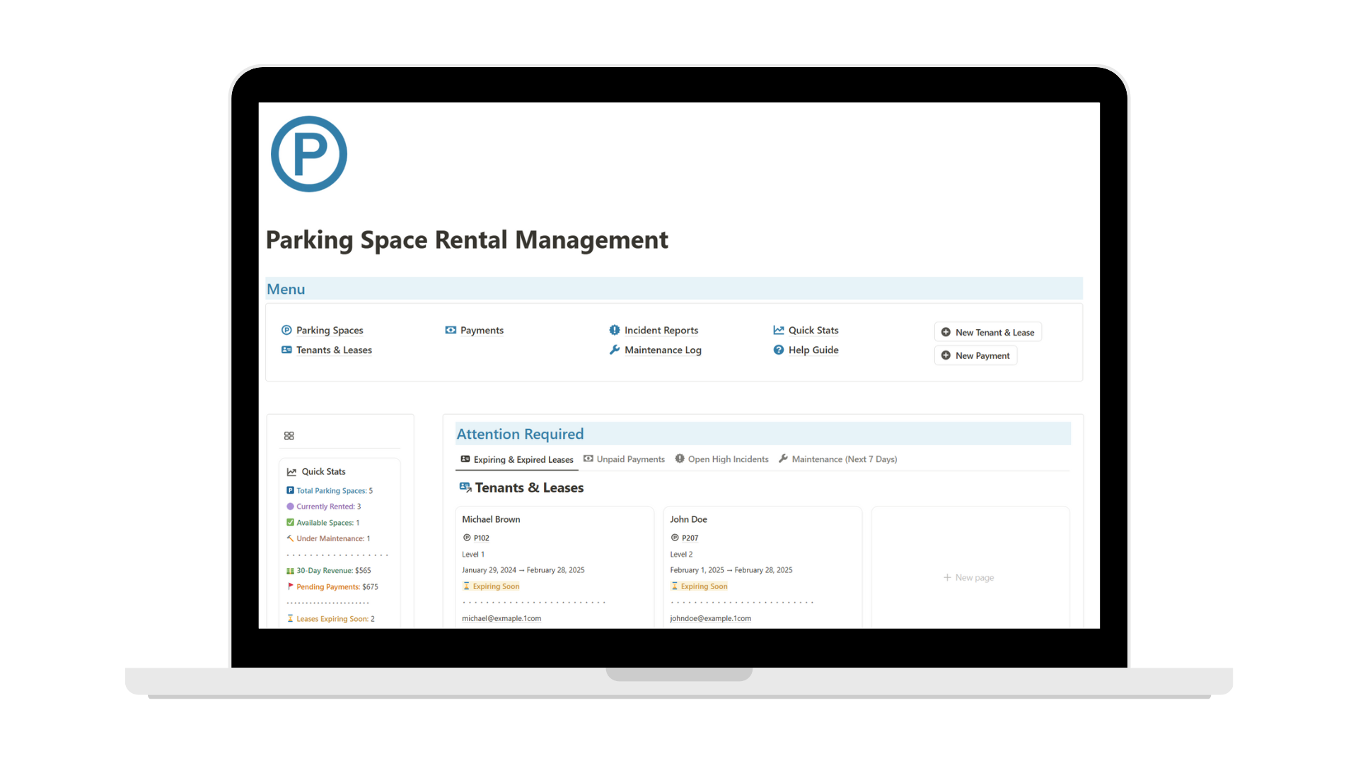 Parking Space Rental Management Notion template